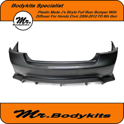 Honda Civic FD 2006-2012 J'S Style Plastic Full Rear Bumper With Diffuser. Sedan 8th gen