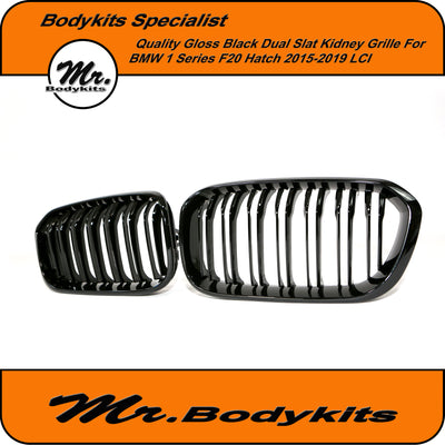 Gloss Black BMW F20 1 Series Hatch Front Bumper Kidney Grille for 2015-2019 LCI, Double Slat