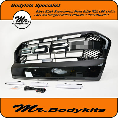 Ford Ranger Wildtrak PX3 MK3 2018-2021 Raptor Style Grille With LED Lights, Gloss Black Painted