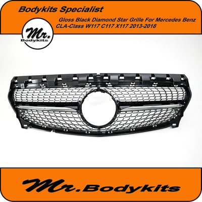 Mercedes Benz CLA C117 W117 2013-2018 Diamond Star Style Front Bumper Grille, Gloss Black