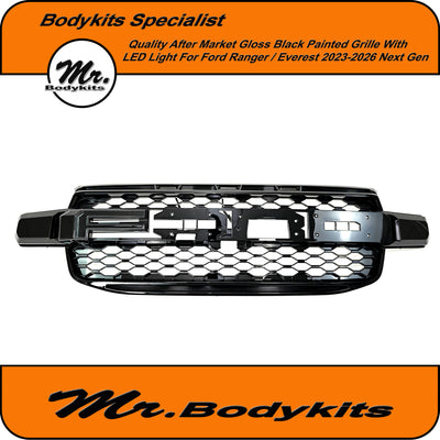 Gloss Black Painted R Style Front Grille with LED Lights For Ford Ranger/ Everest 2022-2025