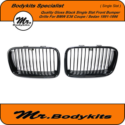 BMW 3 Series E36 1991-1996 (Pre-LCI) Front Bumper Kidney Grille, Single Slat Gloss Black