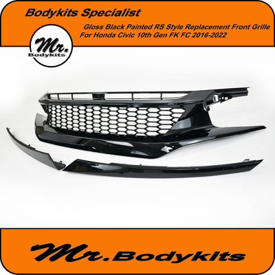 Honda Civic 10th Gen FK/FC 2016-2022 RS Style Front Bumper Grille – Gloss Black Painted