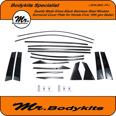 Gloss Black Stainless Steel Window Trim Cover Plate For Honda Civic Sedan 10th Gen FC 2014-2021 (4D only)