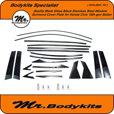 Honda Civic 10th Gen Sedan stainless steel Gloss Black window Trim cover plate FC 2014-2021