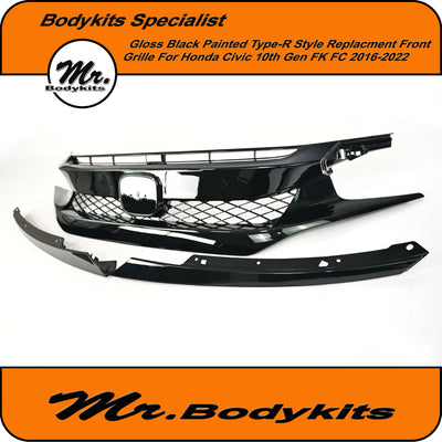 Type-R Style Front Bumper Grille For Honda Civic 10th Gen FK/FC 2016-2022  - Gloss Black Painted