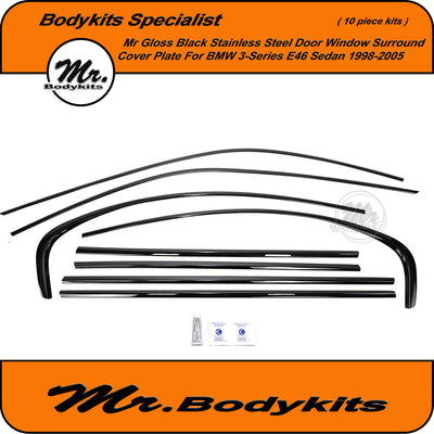 Gloss Black Door Window Door Trim Set For BMW E46 Sedan 1998-2005 3-Series, Stainless Steel (10 PC)