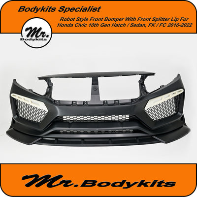 Honda Civic 2016–2022 Full Front Bumper with Front Lip – Robot Style | Fits 10th Gen Hatch & Sedan