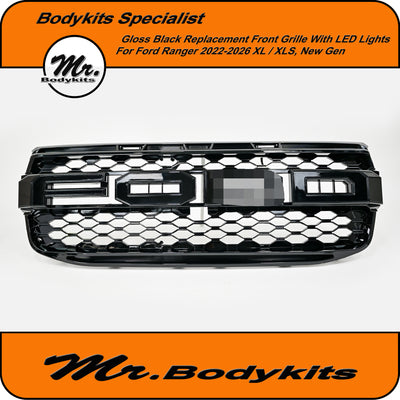 Ford Ranger XL / XLS 2022-2026 Raptor Style Replacement Front Grille with LED lights, Gloss Black