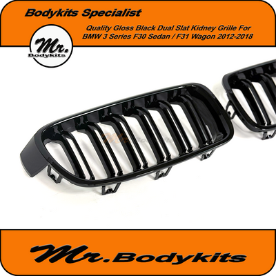 Front Bumper Kidney Grille For BMW 3 Series F30 Sedan / F31 Wagon 2012-2019, Double Slat Gloss Black