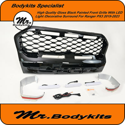 Gloss Black Front Grille For Ford Ranger PX3 MK3 2019-2023 With Led Light and Decorative Surround