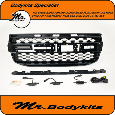 R Style Front Grille with LED Lights For Ford Ranger 2022-2026 XL / XLS Gloss Black Painted