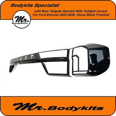 Ford Everest 2022-2026 LED Rear Tailgate Garnish Panel With Taillight Covers, Gloss Black