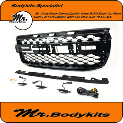 R Style Front Grille with LED Lights For Ford Ranger 2022-2026 XL / XLS Gloss Black Painted