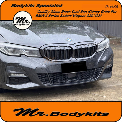 BMW 3 Series 2019-2021 G20/ G21 (Pre-LCI) Front Bumper Kidney Grille, Double Slat Gloss Black Finished