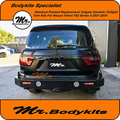Blackout Black Painted Nissan Y62 Patrol Series 5 2020-2025 Tailgate Garnish Panel + Taillight Trims