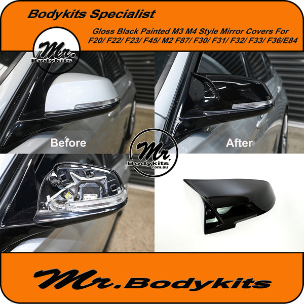 Gloss Black M3 Style Mirror Cover Caps For BMW 1/2/3/4 Series & X1 - Clip-On, Power Fold 7 thumbnail image