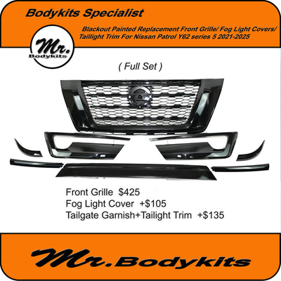 Blackout Black Painted Nissan Y62 Patrol 2020-2025 Front Grille, W/ Optional Foglight Cover & Garnish