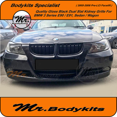 BMW 3 Series E90 Sedan/Wagon 2005-2008 Front Bumper Kidney Grille Pre LCI, Double Slat Gloss Black