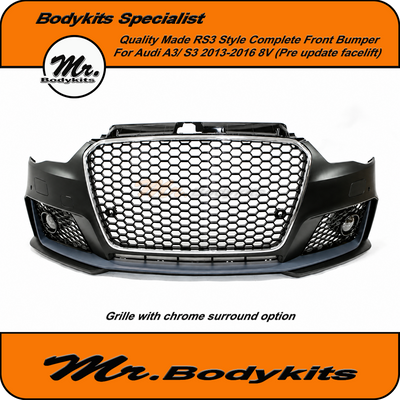 RS3 Style Plastic Complete Front Bumper With Grille For Audi A3/ S3 Hatch 2013-2016 8V