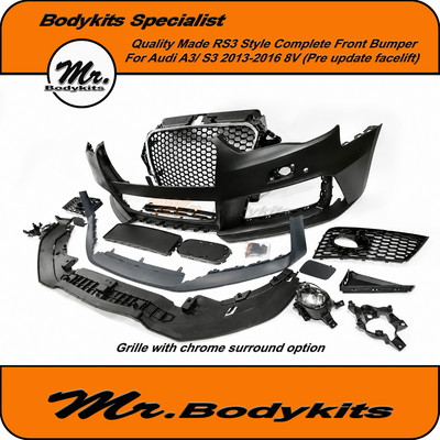 RS3 Style Plastic Complete Front Bumper With Grille For Audi A3/ S3 Hatch 2013-2016 8V