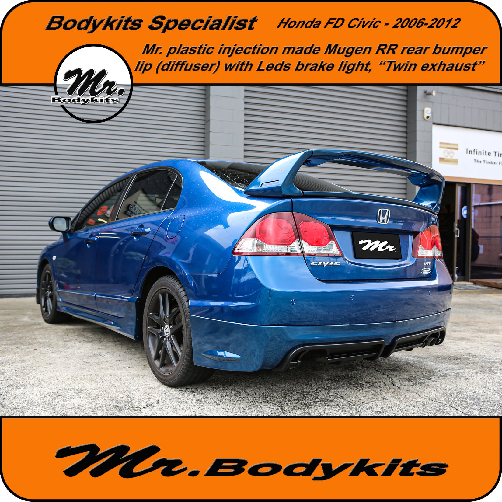 06 Honda Civic Rear Bumper Plastic Mugen RR Rear Bumper Diffuser Lip For Honda Civic 2006-2012 FD