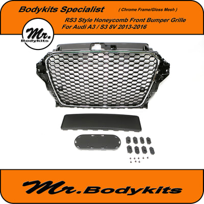 Mr. Chrome Frame RS3 Style Honeycomb Front Bumper Grille For Audi A3 8V 2013-2016