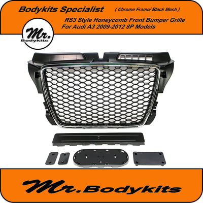Mr. Chrome Frame RS3 Style Honeycomb Front Bumper Grille For Audi A3 / S3 8P 2009-2012