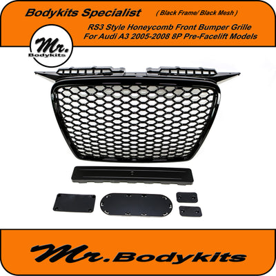 Mr. Gloss Black RS3 Style Honeycomb Front Bumper Grille For Audi A3 8P 2005-2008 Pre-Facelift