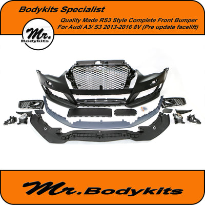 New RS3 Style Complete Front Bumper With Grille For Audi A3/ S3 Hatch 2013-2016 8V