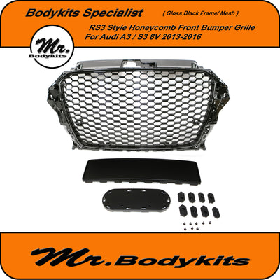 Mr. Gloss Black Frame RS3 Style Honeycomb Front Bumper Grille For Audi A3 8V 2013-2016