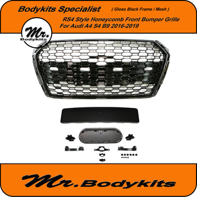 Mr Gloss Black RS4 Style Honeycomb Front Bumper Grille For Audi A4/ S4 B9 2016-2019