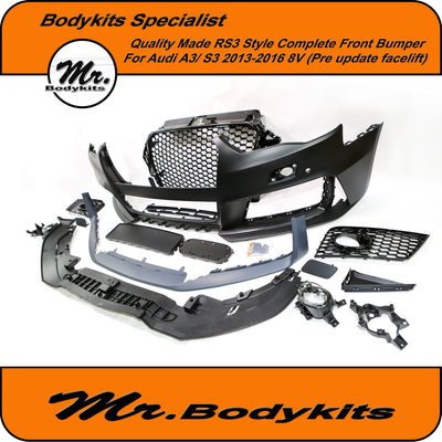New RS3 Style Complete Front Bumper With Grille For Audi A3/ S3 Hatch 2013-2016 8V