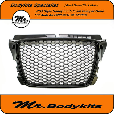 Mr. Gloss Black Surround RS3 Style Honeycomb Front Bumper Grille For Audi A3 / S3 8P 2009-2012