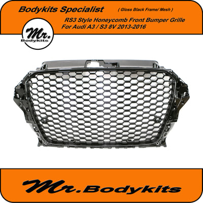 Mr. Gloss Black Frame RS3 Style Honeycomb Front Bumper Grille For Audi A3 8V 2013-2016