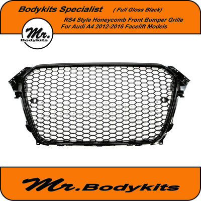 Mr Gloss Black RS4 Style Honeycomb Front Bumper Grille For Audi A4 / S4 B8 2012-2016