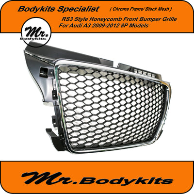 Mr. Chrome Frame RS3 Style Honeycomb Front Bumper Grille For Audi A3 / S3 8P 2009-2012