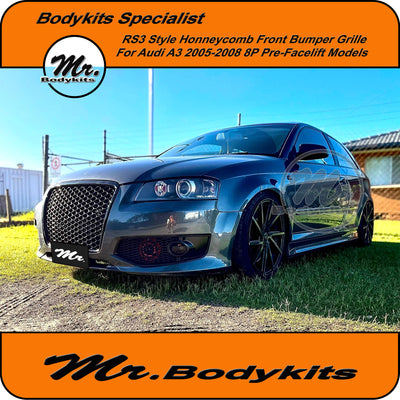 Mr. Gloss Black RS3 Style Honeycomb Front Bumper Grille For Audi A3 8P 2005-2008 Pre-Facelift